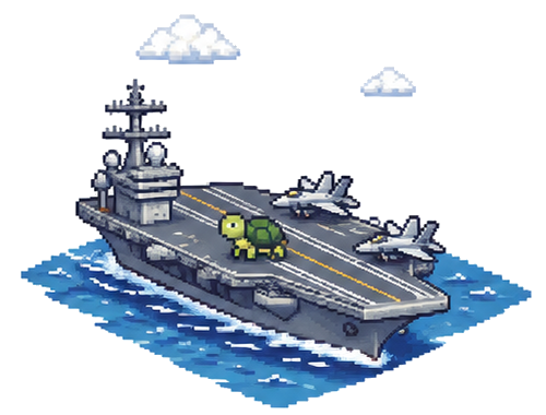 A little green turtle aboard a pixel-art aircraft carrier with two jets.
